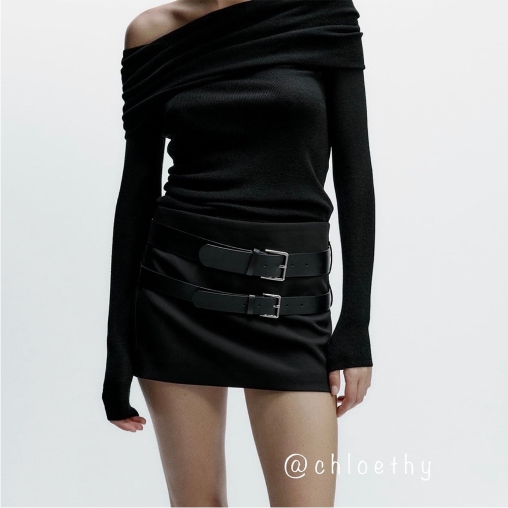 ZARA • Women’s Black Double Belted Mini Skirt M NWOT